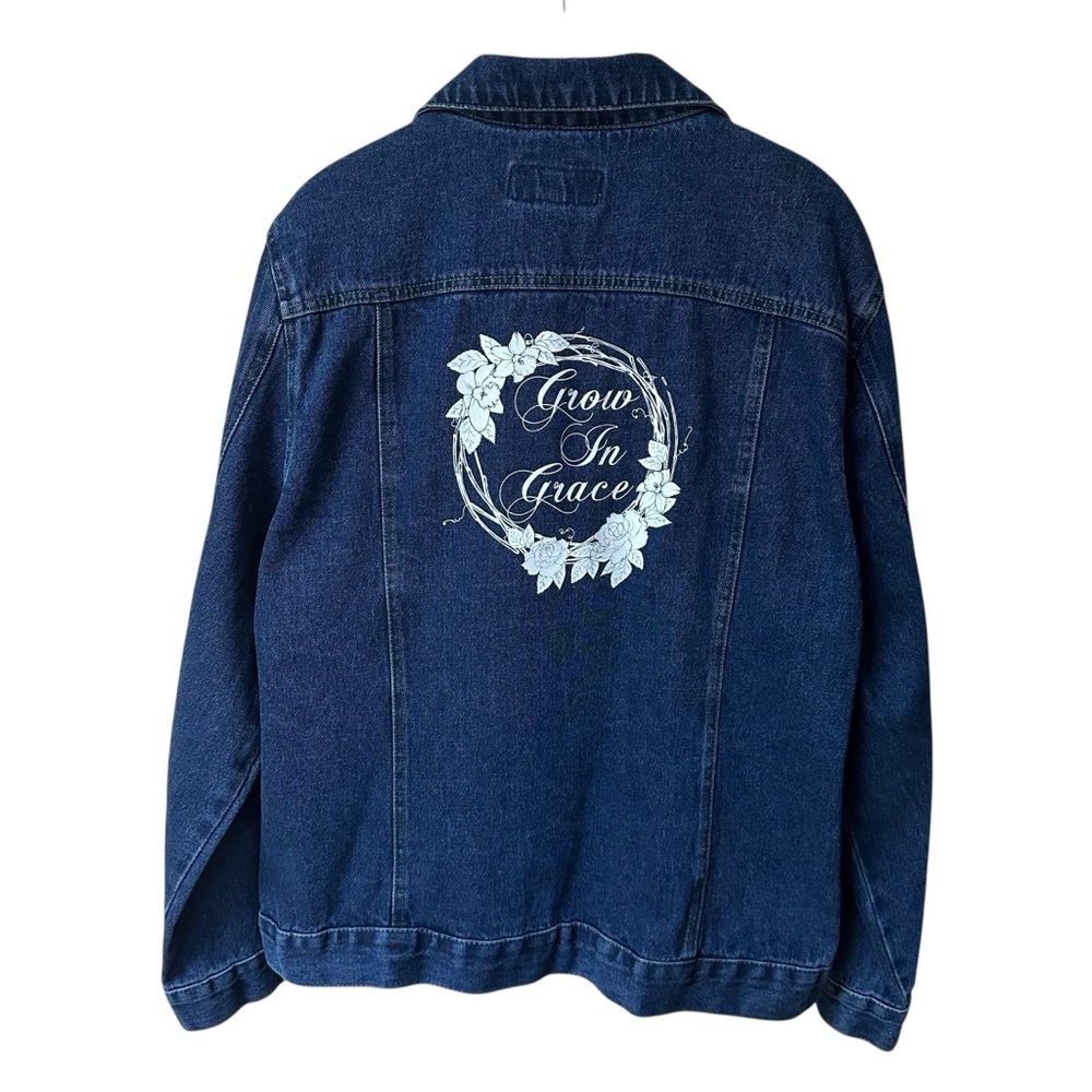 Port Authority Classic Upcycled Jean Jacket with Grow In Grace on back Size 3XL